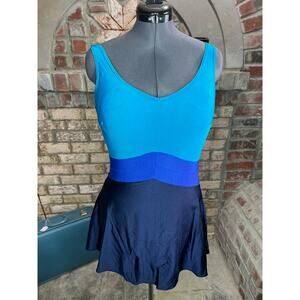 swimsuit swim dress Vintage 1980s one piece colorblocked blue teal aqua black